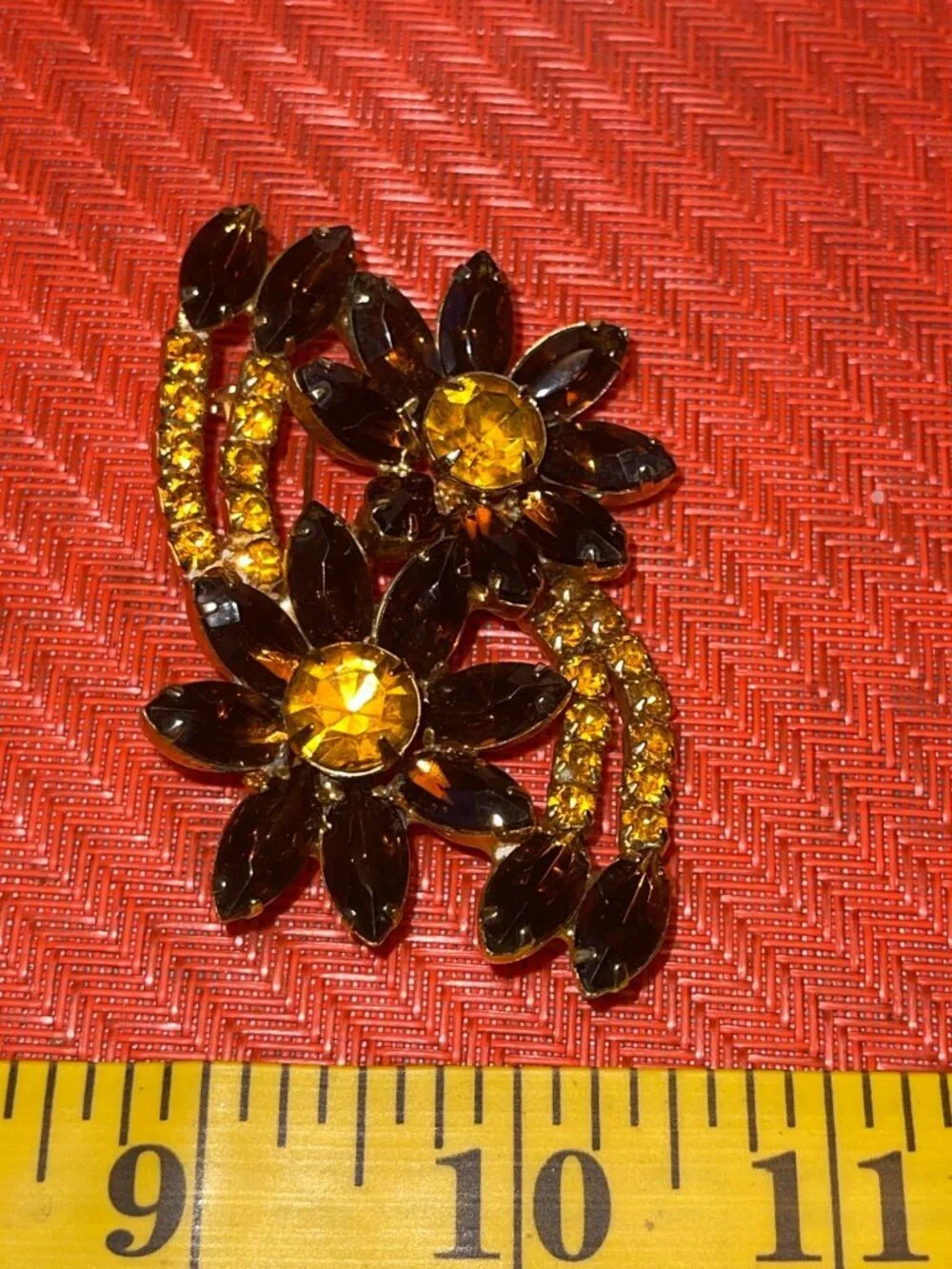 Vtg MCM Amber & Topaz Rhinestone Floral Brooch With Marquise & Chaton Stones In